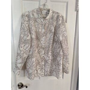 Alfred Dunner Women Aztec Sz 18 White Sheer Long Sleeve Button Up‎ Floral Blouse